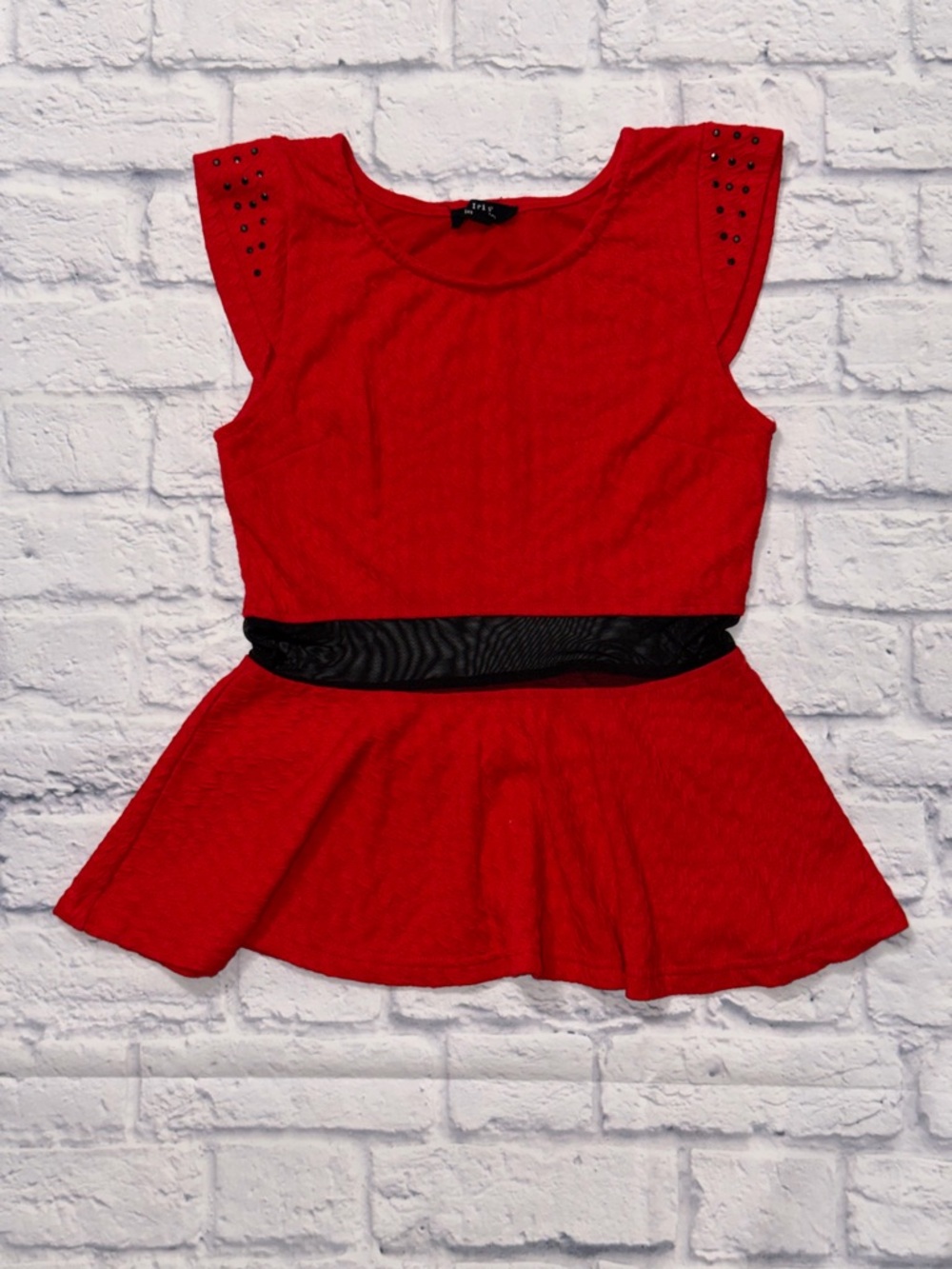 Iris Red Peplum Top with Black Mesh Waistband and Studded Shoulders